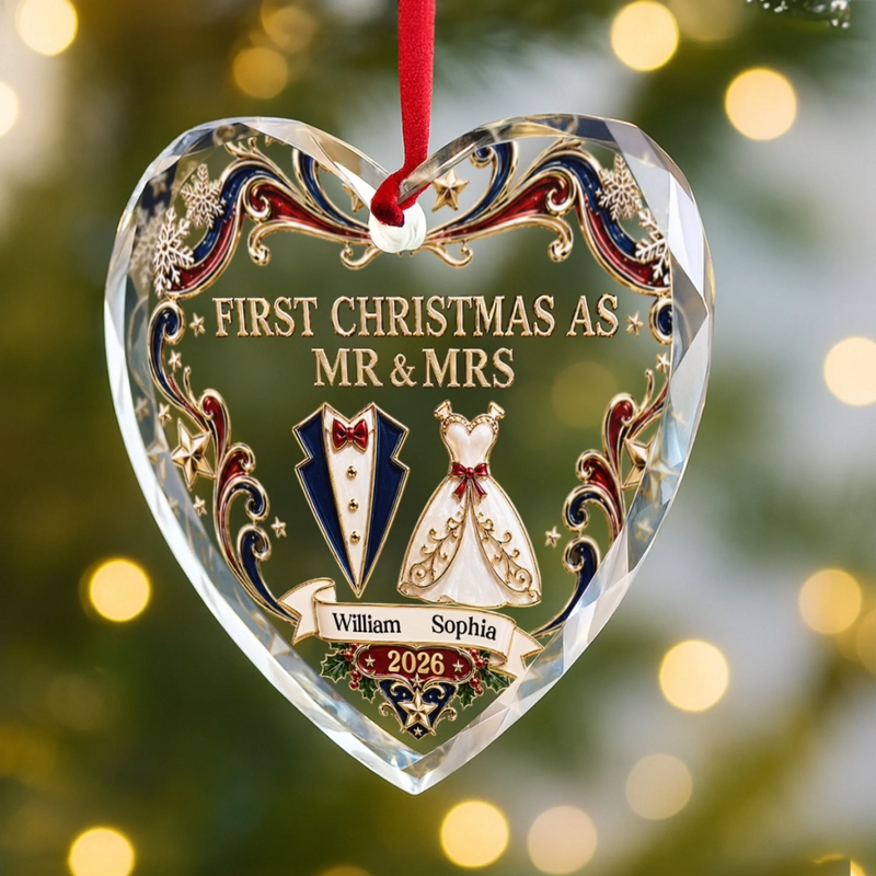 Custom First Christmas Heart Glass Ornament - Personalized Anniversary Christmas Wedding Gifts For Husband And Wife, Him And Her - Gather Love Celebrate