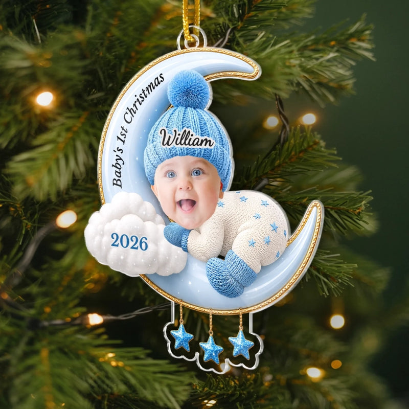 Custom Photo First Christmas Acrylic Ornament - Personalized Christmas Baby Shower, Gender Reveal Gifts For New Moms, New Dads, New Parents - Love You To The Moon And Back