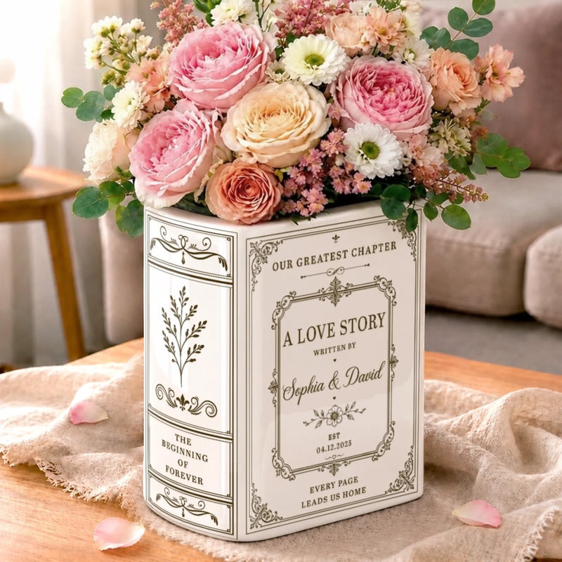 Custom Book Vase - Personalized Anniversary Wedding Gifts For Husband And Wife, Him And Her - Every Page Leads Us Home
