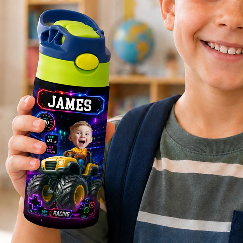 Custom Photo Kids Insulated Water Bottle - Personalized Back To School Gifts For Kids - Full Speed Ahead Big Energy