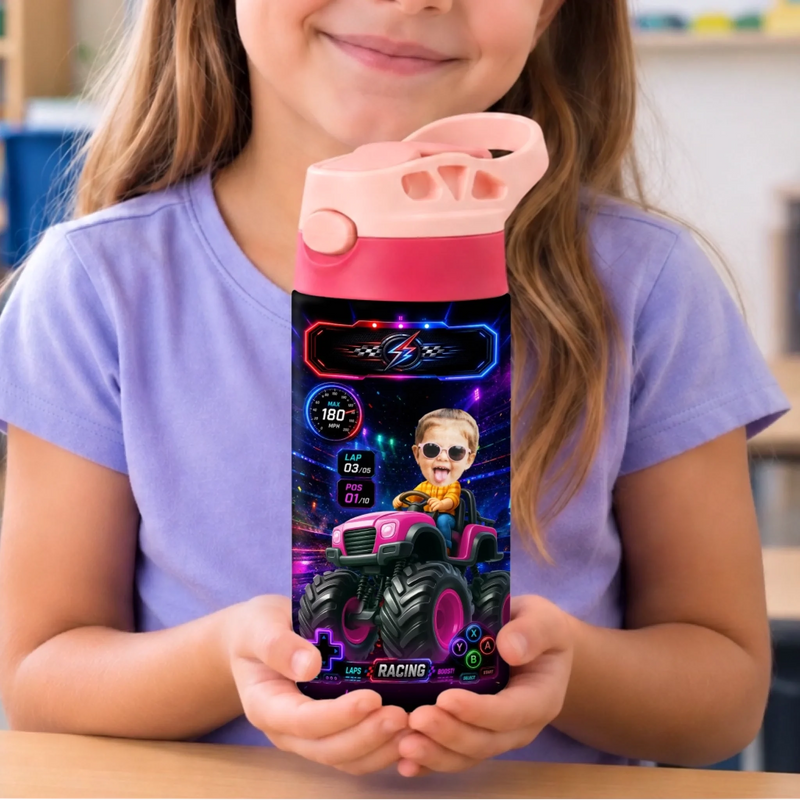 Custom Photo Kids Insulated Water Bottle - Personalized Back To School Gifts For Kids - Full Speed Ahead Big Energy