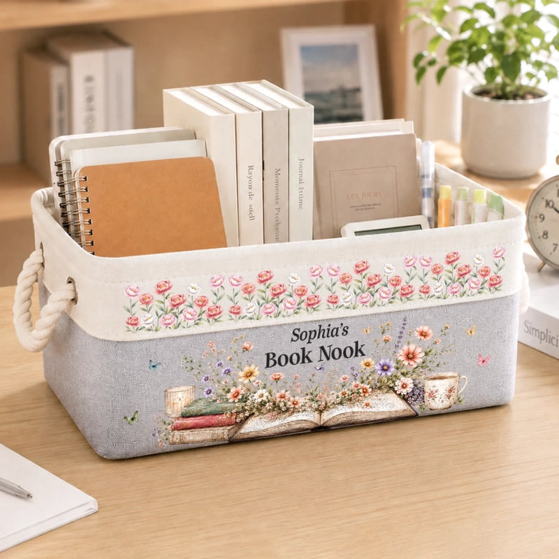 Custom Storage Basket - Personalized Bookish Gifts For Book Lovers, Bookworms, Readers - Happiness Is A Full Bookshelf