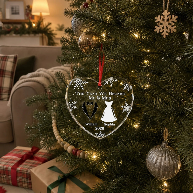 Custom Heart Glass Ornament - Personalized Anniversary Christmas Wedding Gifts For Husband And Wife, Him And Her - Started With A Yes, Now It’s Us