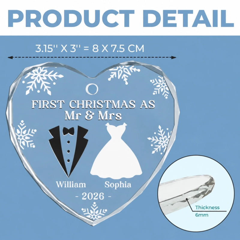 Custom Heart, Round Glass Ornament - Personalized Anniversary Christmas Wedding Gifts For Husband And Wife, Him And Her - Our First Christmas As Mr & Mrs
