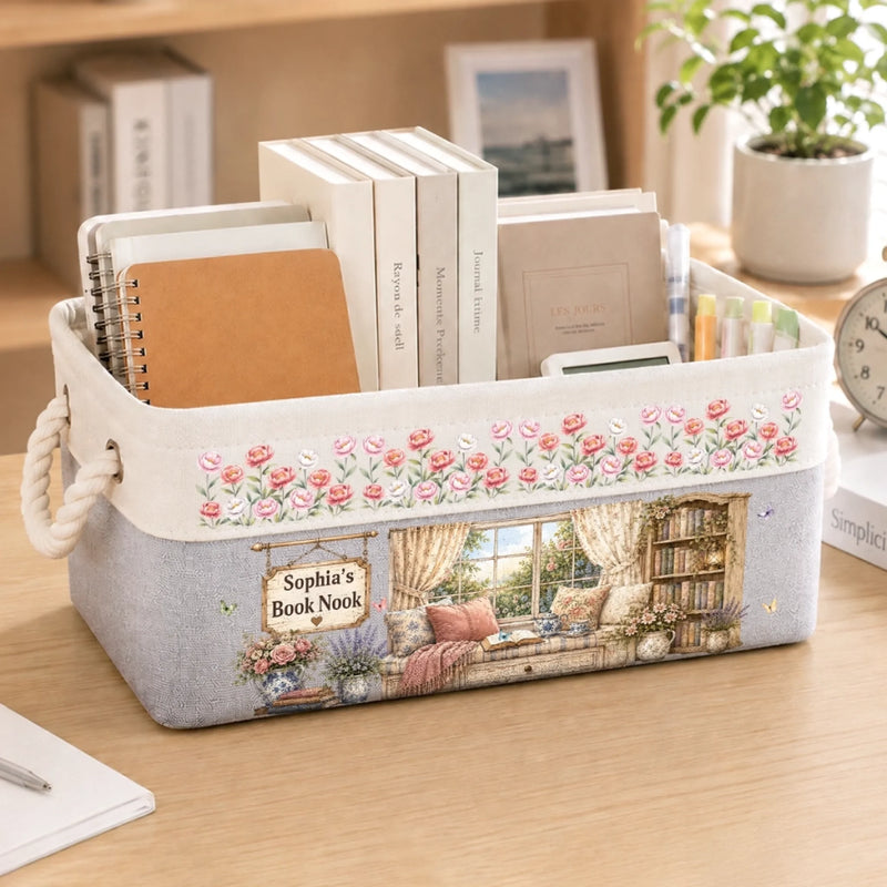 Custom Storage Basket - Personalized Bookish Gifts For Book Lovers, Bookworms, Readers - Where Peonies And Books Greet You
