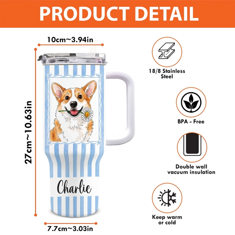 Custom Photo 40 Oz Stainless Steel Tumbler With Handle - Personalized Birthday Gifts For Dog Cat Lovers, Dog Dad And Mom, Cat Owners - Good Drinks, Happy Paws