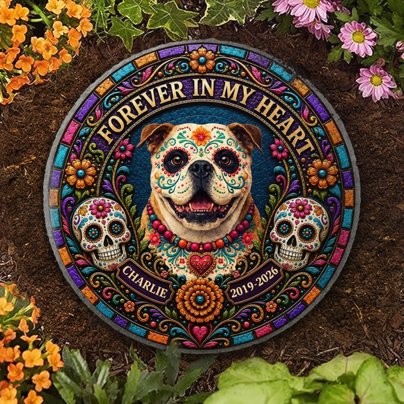 Custom Photo Day Of The Dead Round Shaped Stone With Stand - Personalized Pet Memorial Sympathy Gifts For Dogs, Cats - Forever My Angel Pup