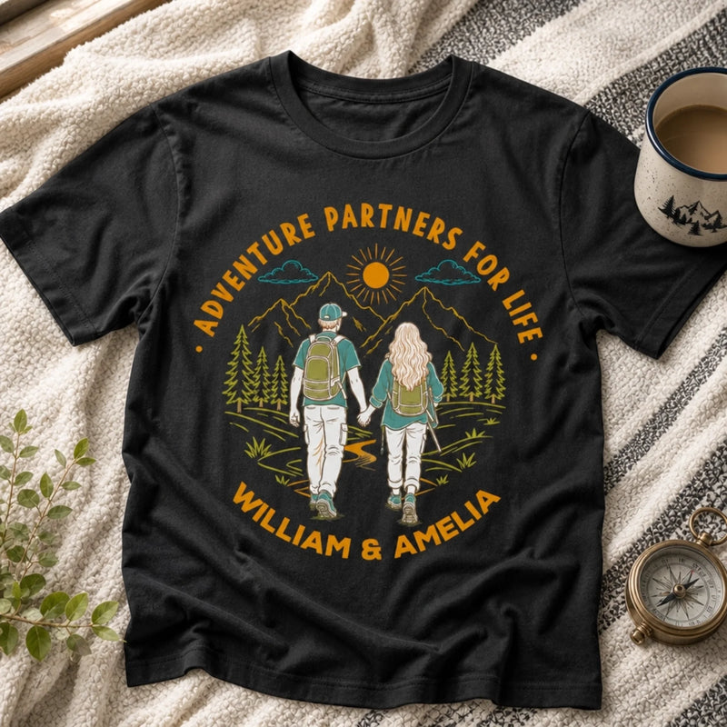 Custom Hiking T-shirt, Hoodie - Personalized Birthday Camping Gifts For Campers, Husband And Wife, Him And Her - Adventure Partners For Life