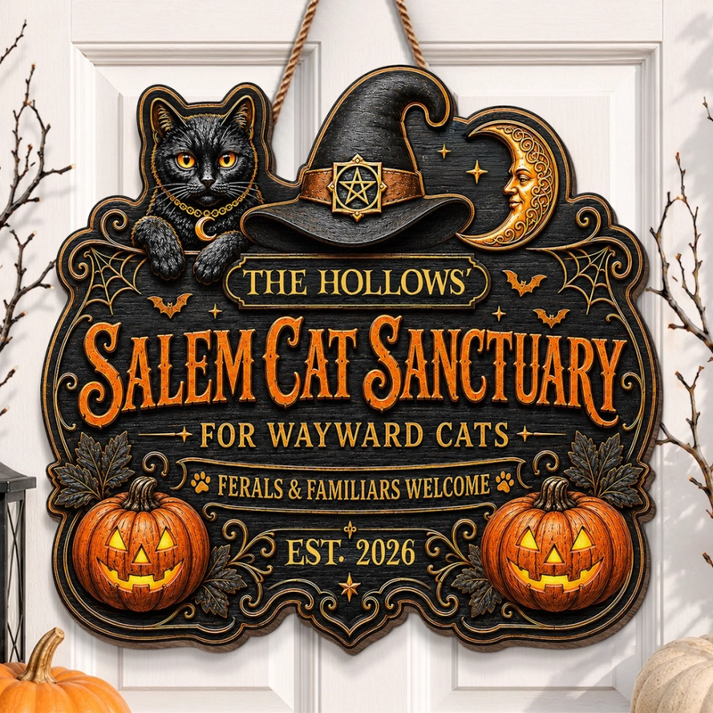 Custom Wood Sign -  Personalized Halloween Decor Birthday Gifts For Mom, Dad, Brother, Sister, Kids - Salem Cat Sanctuary Vibes