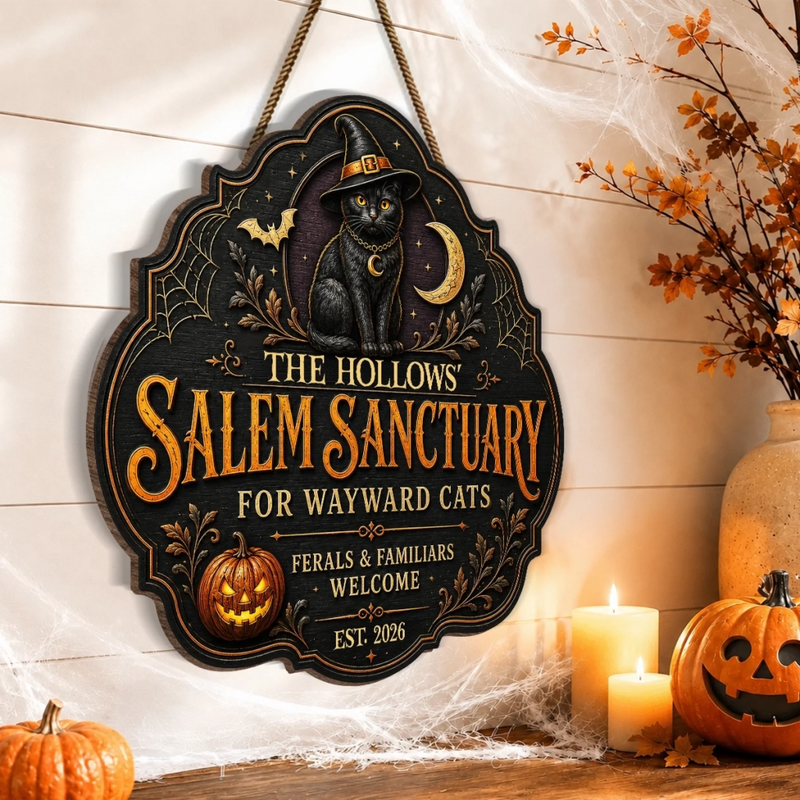 Custom Wood Sign -  Personalized Halloween Decor Birthday Gifts For Mom, Dad, Brother, Sister, Kids - Spooky Season Feline Love
