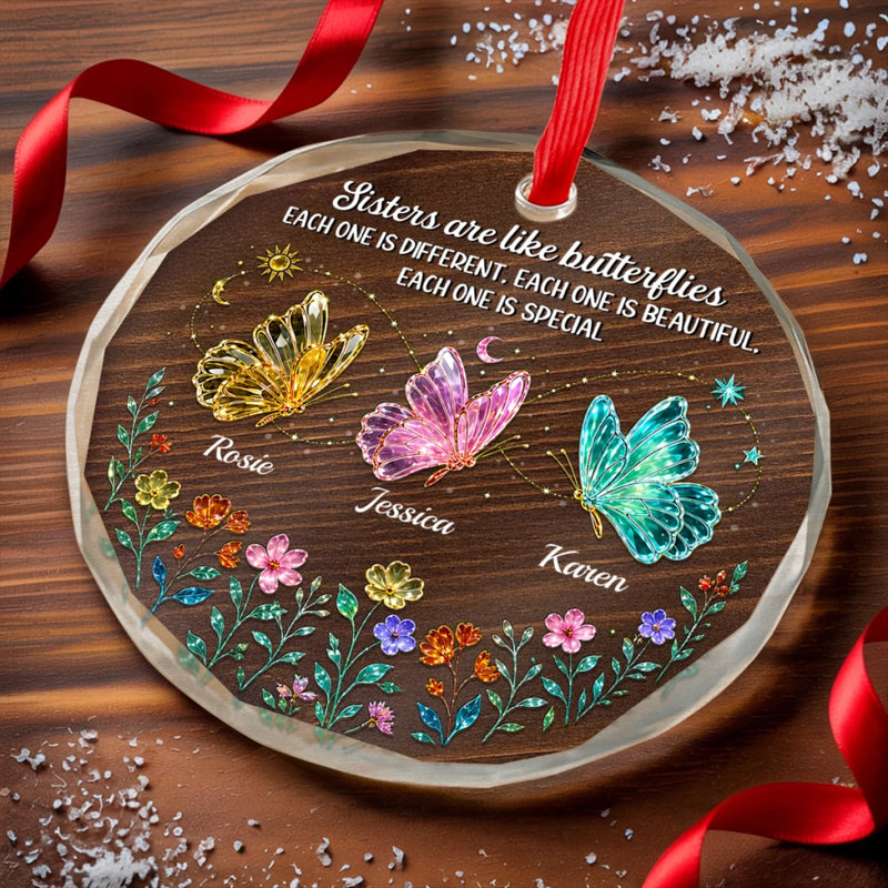 Custom Circle Glass Ornament - Personalized Best Friend Christmas Birthday Gifts For Women, Besties, Sisters, BFF - Sisters Are Forever Friends