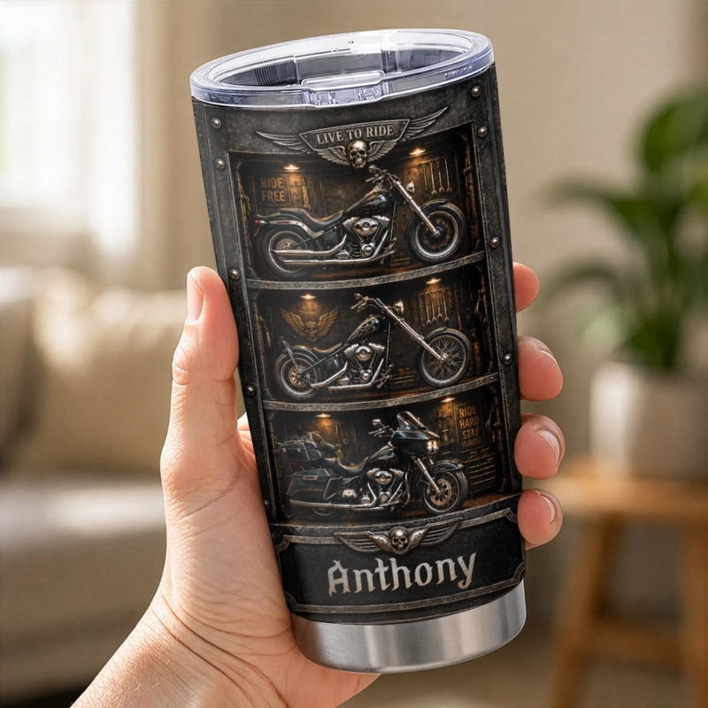 Custom Biker Tumbler - Personalized Birthday Gifts For Husband, Son, Grandson, Brother, Grandpa, Dad, Yourself - Live To Ride Ride To Live