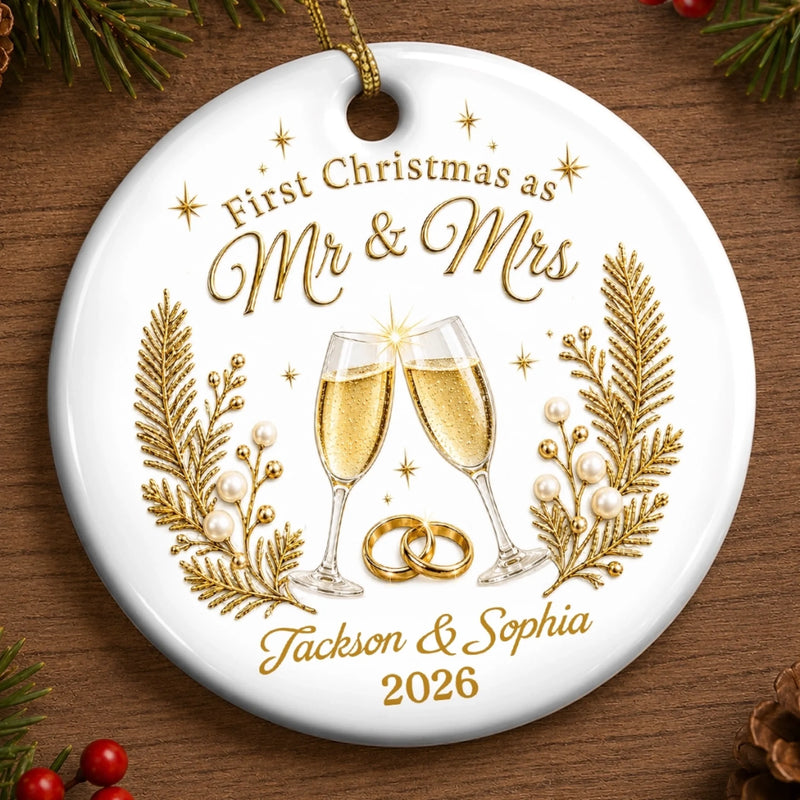 Custom First Christmas Ceramic Ornament - Personalized Anniversary Christmas Wedding Gifts For Husband And Wife, Him And Her - Toast To Forever Love
