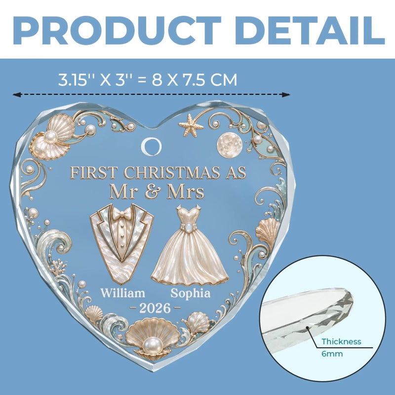 Custom First Christmas Heart Glass Ornament - Personalized Anniversary Christmas Wedding Gifts For Husband And Wife, Him And Her - Ocean Pearl, Eternal Love