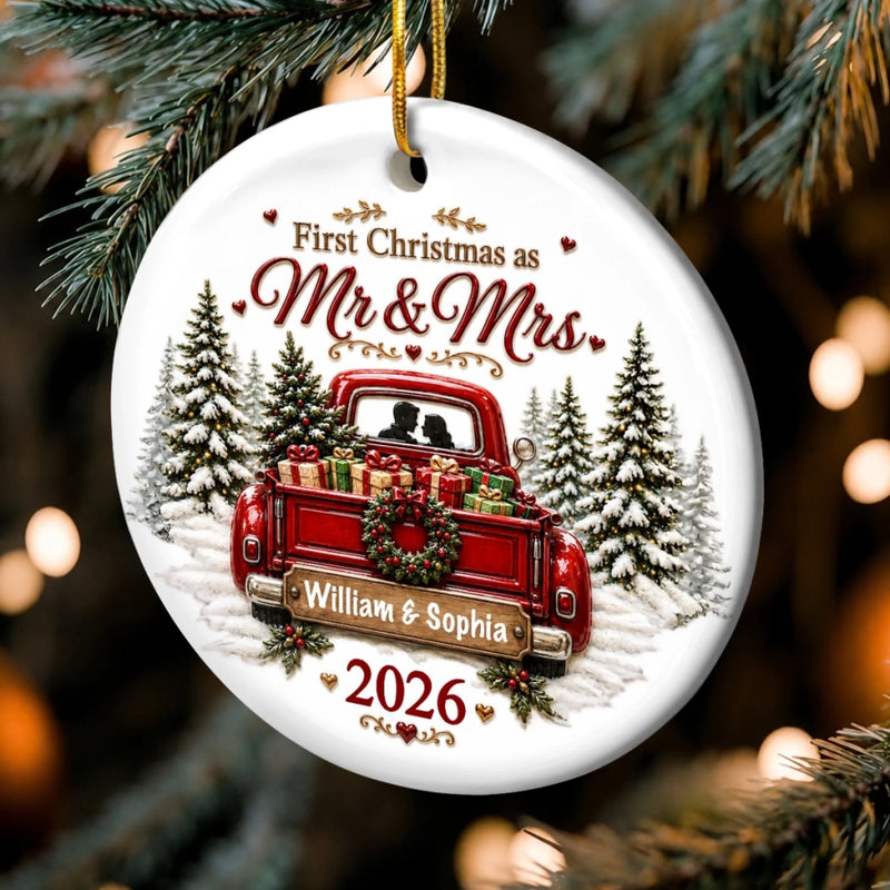 Custom First Christmas Ceramic Ornament - Personalized Anniversary Christmas Wedding Gifts For Husband And Wife, Him And Her - Driving Into Forever Together