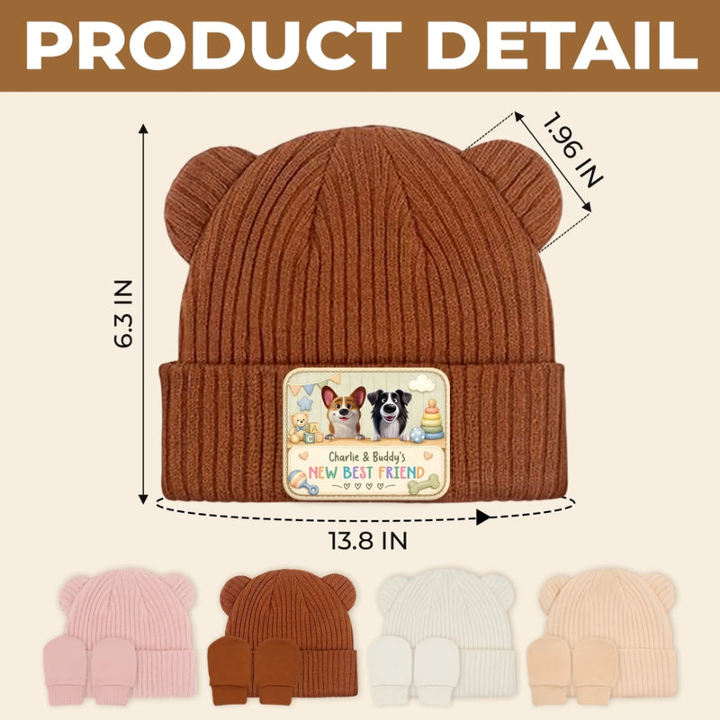Custom Baby Beanie And Mittens Set - Personalized Baby Shower, Gender Reveal Gifts For New Moms, New Dads, New Parents, Dog Cat Lovers - Growing Up With My First Friend