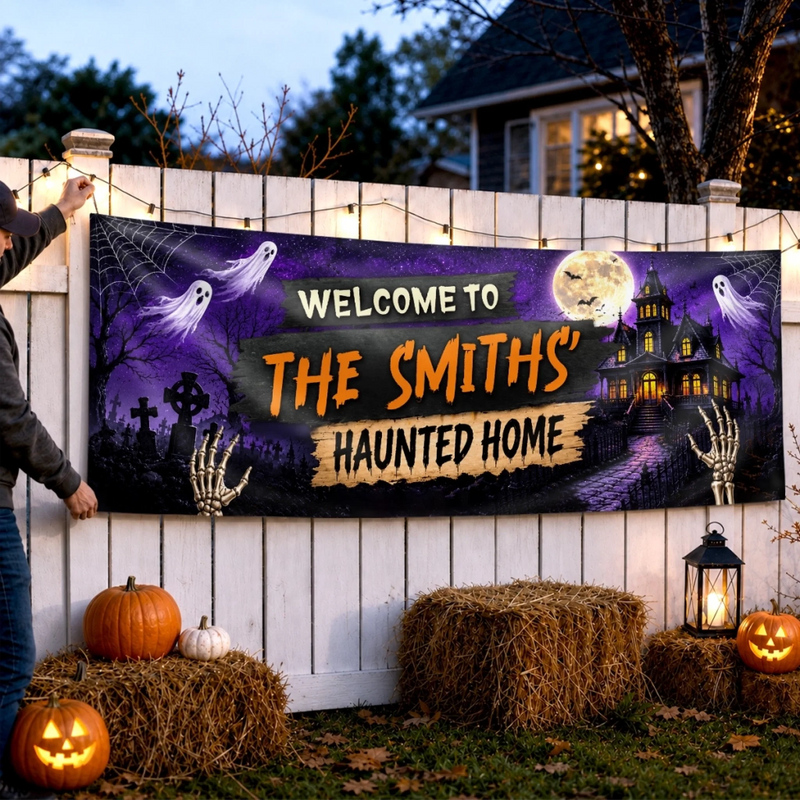 Custom Haunted Home Banner - Personalized Halloween Decor Gifts For For Mom, Dad, Brother, Sister - Ghosts And Spirits Welcome Here