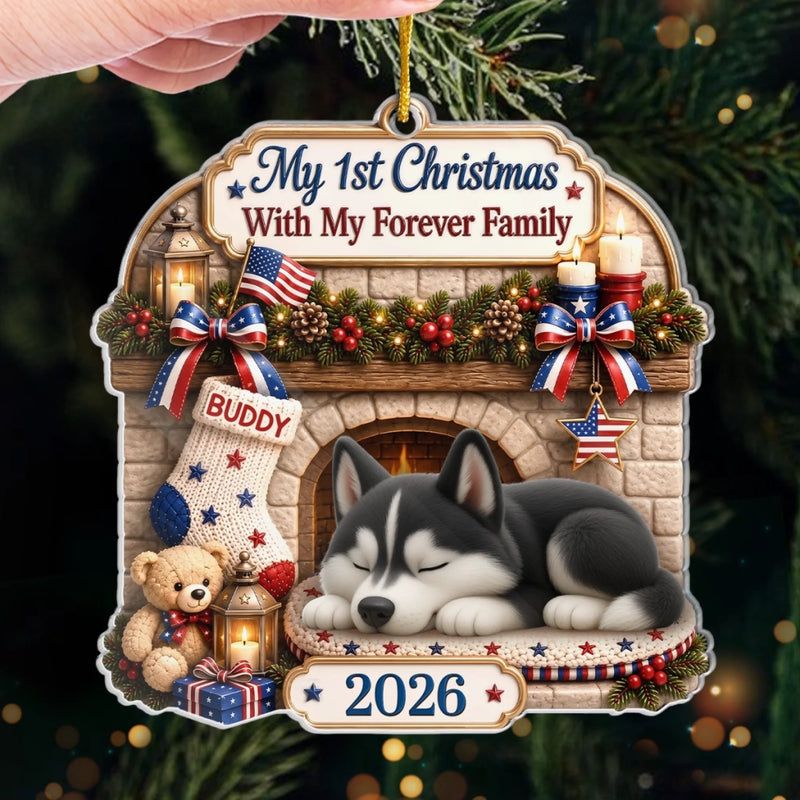 Custom First Christmas Acrylic Ornament - Personalized America 250th Anniversary Christmas Gifts For Dog Cat Lovers, Dog Dad And Mom, Cat Owners - Loved By My Forever Family