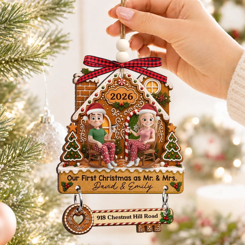 Custom First Christmas Wooden Ornament With Tag - Personalized Anniversary Christmas Wedding Gifts For Husband And Wife, Him And Her - Under Our Snowy Roof