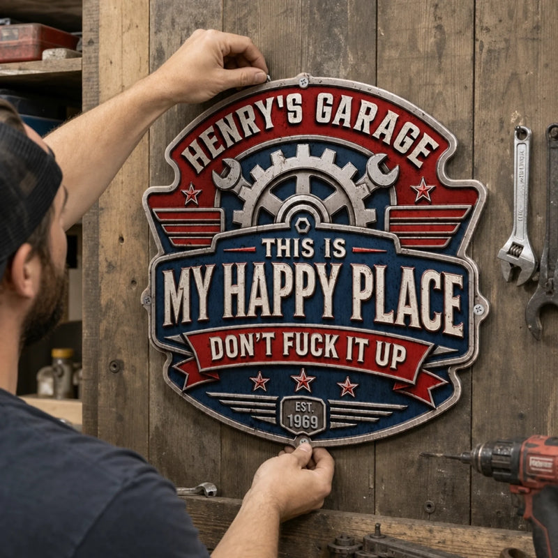 Custom Shaped Metal Sign - Personalized Birthday Gifts For Husband, Son, Grandson, Brother, Grandpa, Dad, Yourself - Work In Progress Always Happy