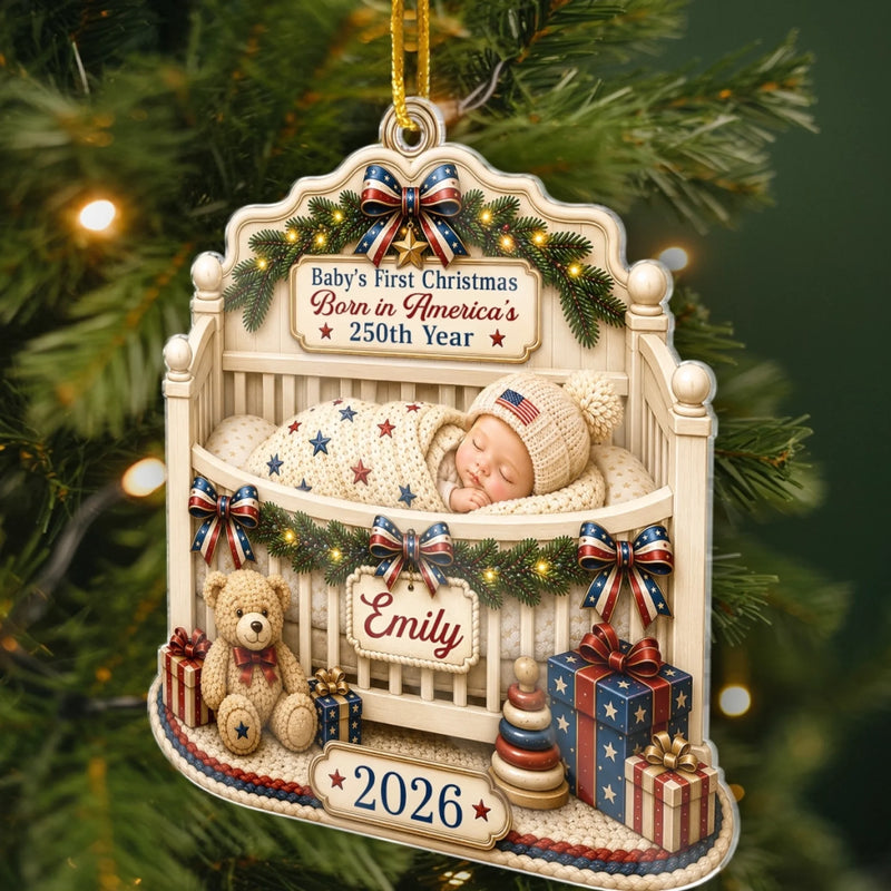 Custom First Christmas Acrylic Ornament - Personalized America 250th Anniversary Christmas Gifts For New Moms, New Dads, New Parents - Wrapped In Love And Freedom