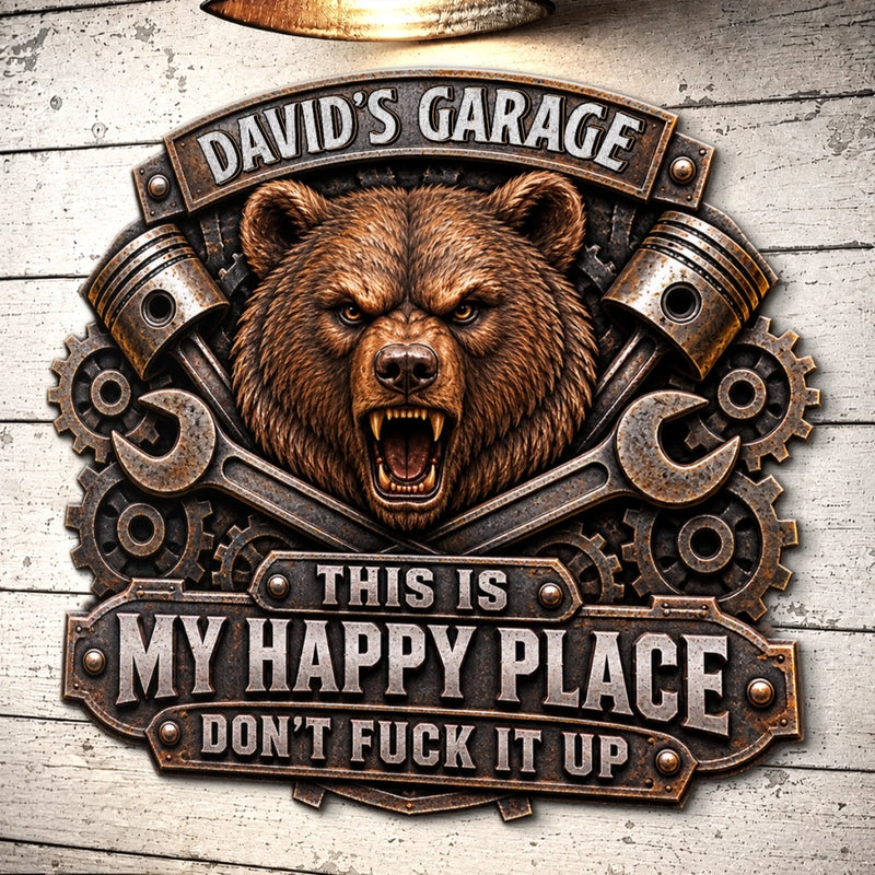 Custom Shaped Metal Sign - Personalized Birthday Gifts For Husband, Son, Grandson, Brother, Grandpa, Dad, Yourself - Beware Of The Garage Bear