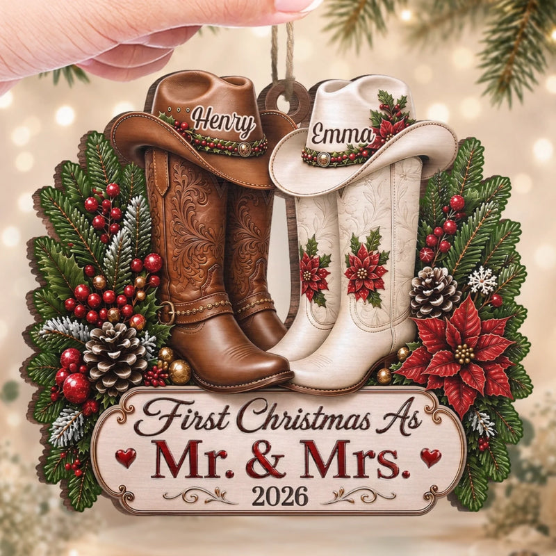 Custom First Christmas Wooden Ornament - Personalized Anniversary Christmas Wedding Gifts For Husband And Wife, Him And Her - Rustic Love Under The Tree