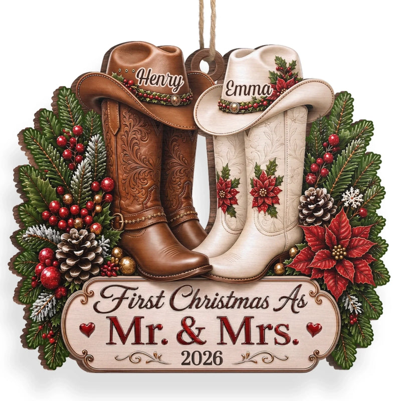 Custom First Christmas Wooden Ornament - Personalized Anniversary Christmas Wedding Gifts For Husband And Wife, Him And Her - Rustic Love Under The Tree