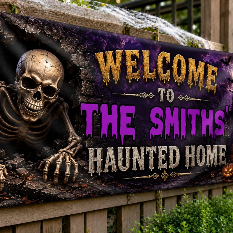 Custom Haunted Home Banner - Personalized Halloween Decor Gifts For Mom, Dad, Brother, Sister - Our Family Is Spooktacular