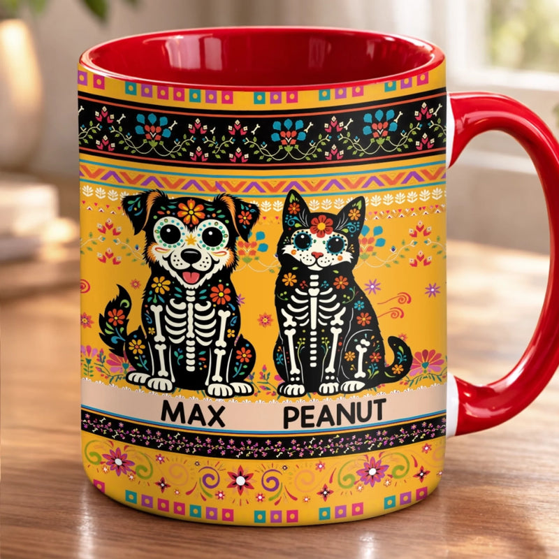 Custom Photo Day Of The Dead Accent Mug - Personalized Birthday Gifts For Dog Cat Lovers, Dog Dad And Mom, Cat Owners - Dancing With Colorful Memories Today