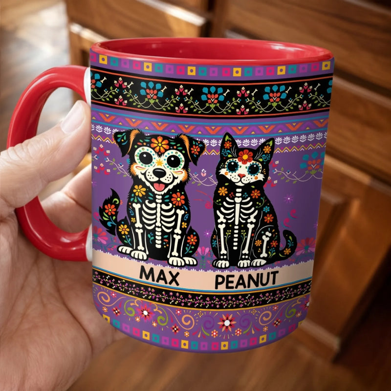 Custom Photo Day Of The Dead Accent Mug - Personalized Birthday Gifts For Dog Cat Lovers, Dog Dad And Mom, Cat Owners - Dancing With Colorful Memories Today