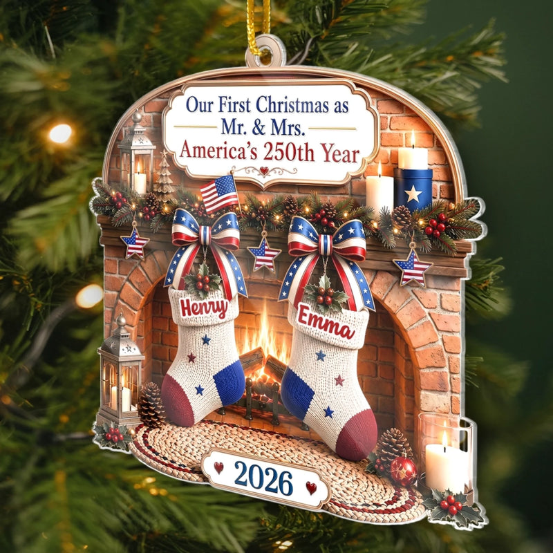 Custom First Christmas Acrylic Ornament - Personalized America 250th Anniversary Christmas Gifts For Husband And Wife, Him And Her - Celebrating Love And History Together