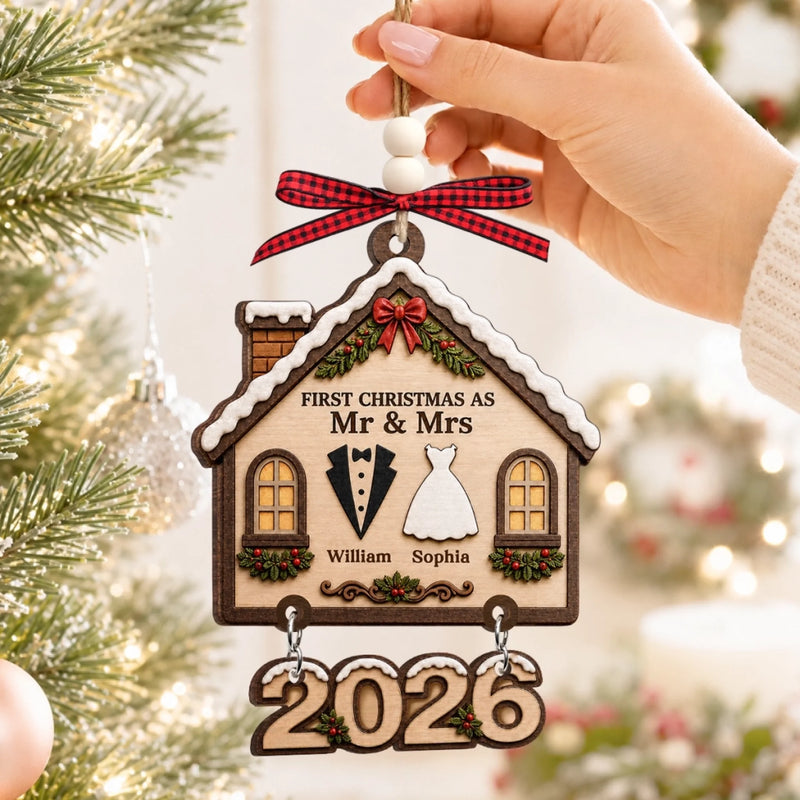 Custom First Christmas Wooden Ornament With Tag - Personalized Anniversary Christmas Wedding Gifts For Husband And Wife, Him And Her - Side By Side, Heart To Heart