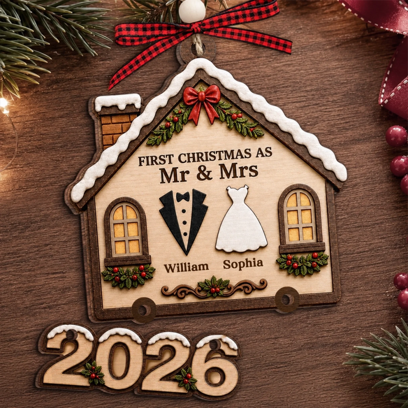 Custom First Christmas Wooden Ornament With Tag - Personalized Anniversary Christmas Wedding Gifts For Husband And Wife, Him And Her - Side By Side, Heart To Heart