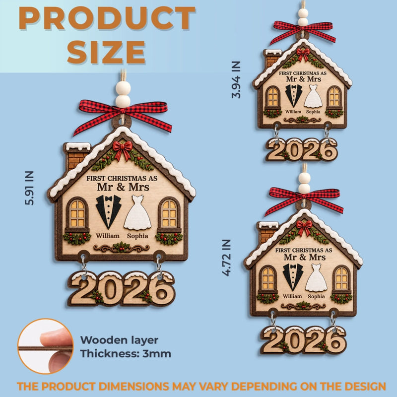 Custom First Christmas Wooden Ornament With Tag - Personalized Anniversary Christmas Wedding Gifts For Husband And Wife, Him And Her - Side By Side, Heart To Heart