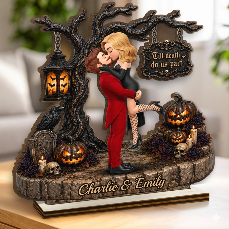 Custom 2-Layered Wooden Plaque - Personalized Halloween Decor, Anniversary Wedding Gifts For Husband And Wife, Him And Her - Till Death Do Us Part