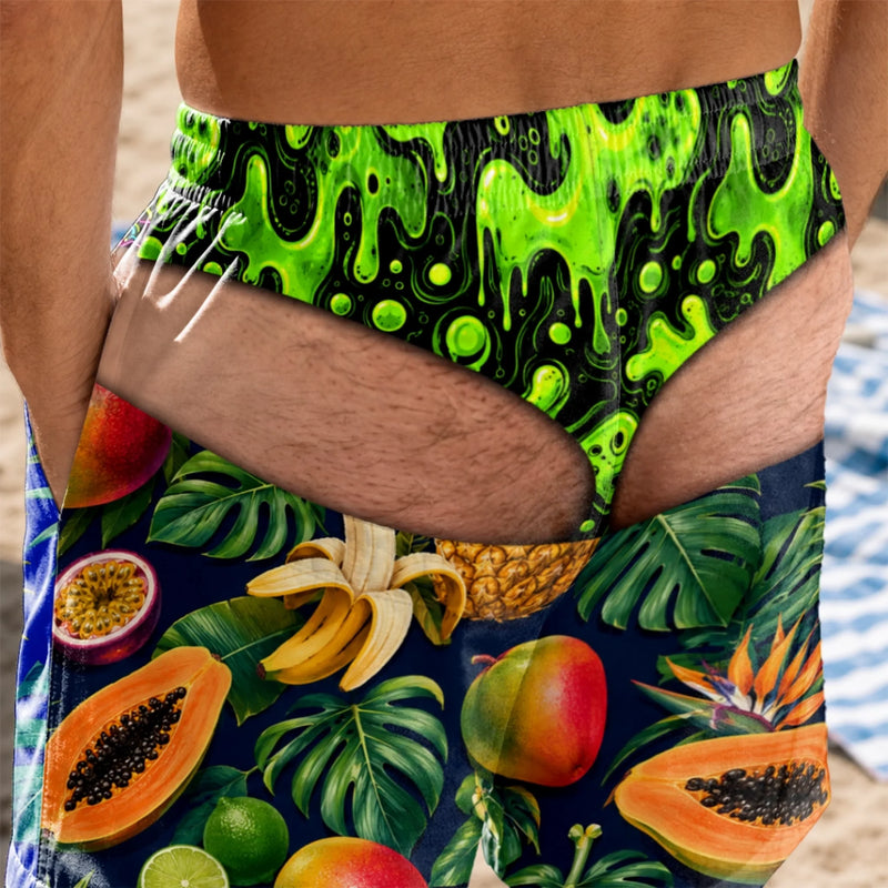 Custom Funny Men Swim Trunks - Personalized Birthday Gifts For Husband, Son, Grandson, Brother, Grandpa, Dad, Yourself - Tropical Party In Back