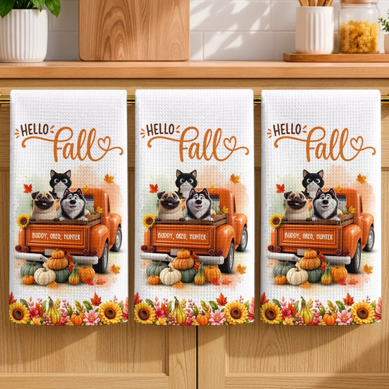 Custom Kitchen Towel - Personalized Birthday Gifts For Dog Cat Lovers, Dog Dad And Mom, Cat Owners - Hello Fall