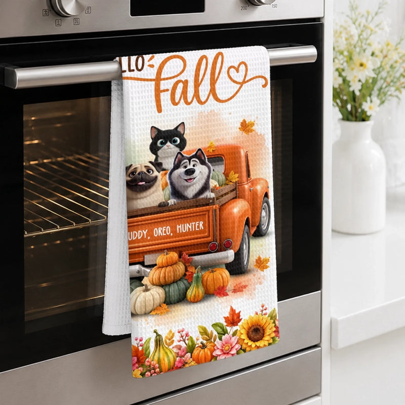 Custom Kitchen Towel - Personalized Birthday Gifts For Dog Cat Lovers, Dog Dad And Mom, Cat Owners - Hello Fall