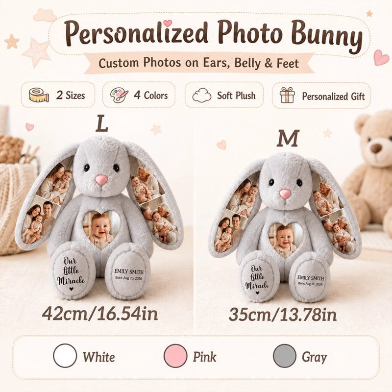 Custom Photo Heart Bunny Plush - Personalized Baby Shower, Gender Reveal Gifts For New Moms, New Dads, New Parents - Our Little Miracle