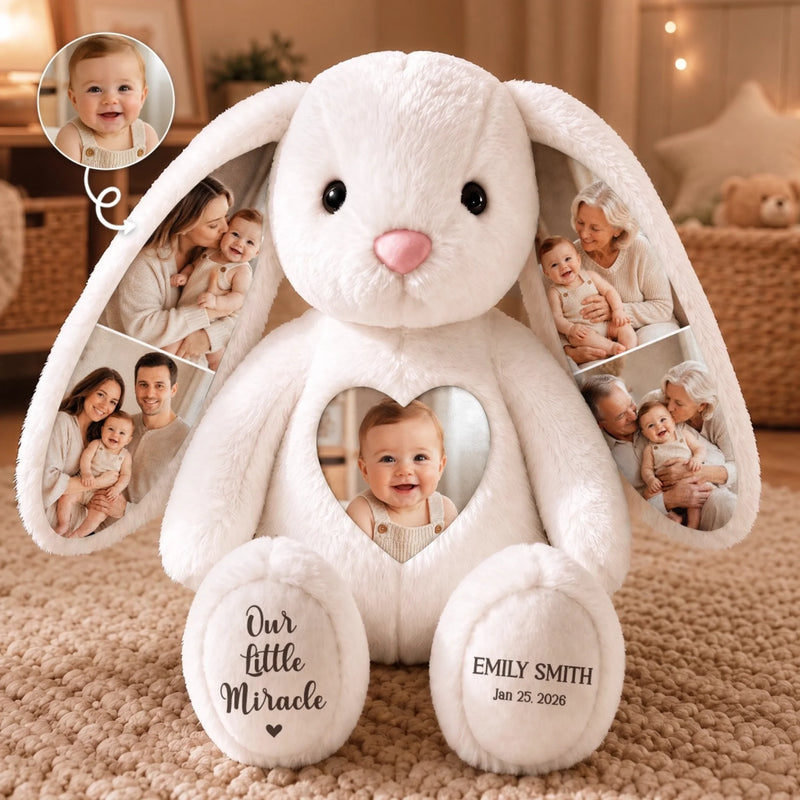 Custom Photo Heart Bunny Plush - Personalized Baby Shower, Gender Reveal Gifts For New Moms, New Dads, New Parents - Our Little Miracle