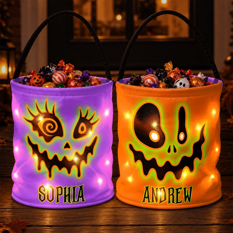 Custom LED Light Bucket Bag - Personalized Halloween Birthday Gifts For Kids - Sweet Treats Spooky Nights