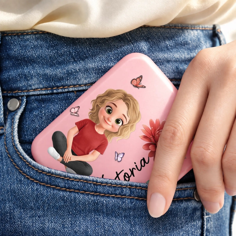 Custom Name Cartoon Girl Beauty Gifts For Women - Personalized LED Compact Makeup Mirror