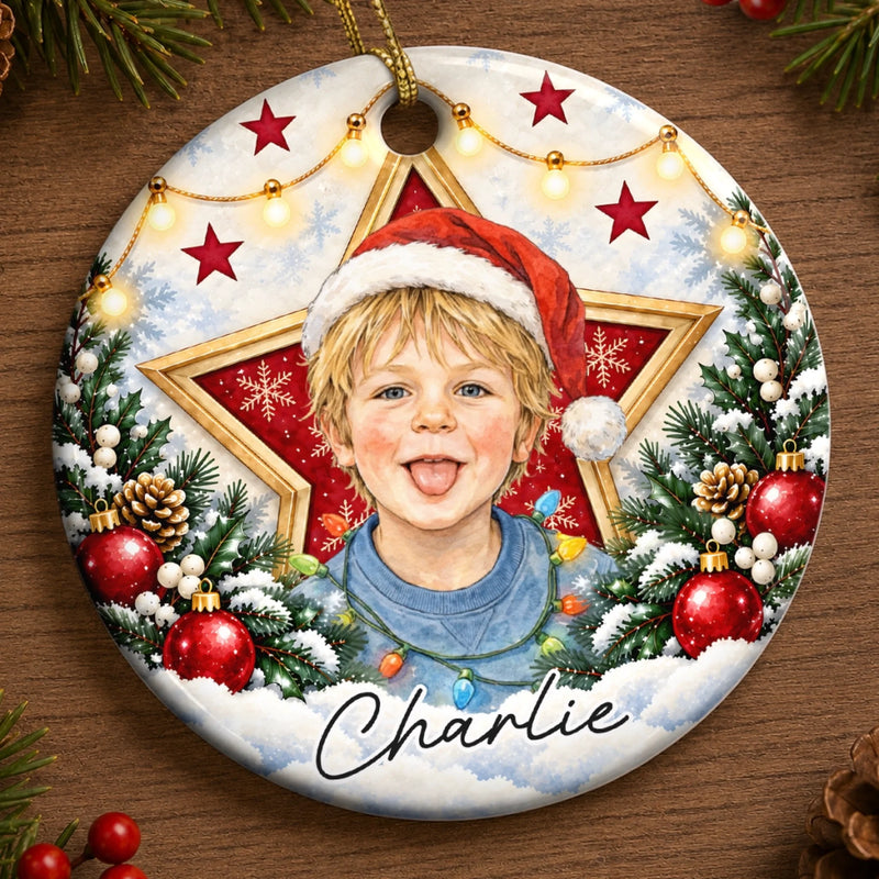 Custom Photo Star Christmas Keepsake for Kids - Personalized Ceramic Ornament