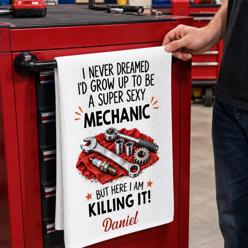 Custom Name Funny Mechanic Gifts for Men - Personalized Kitchen Towel