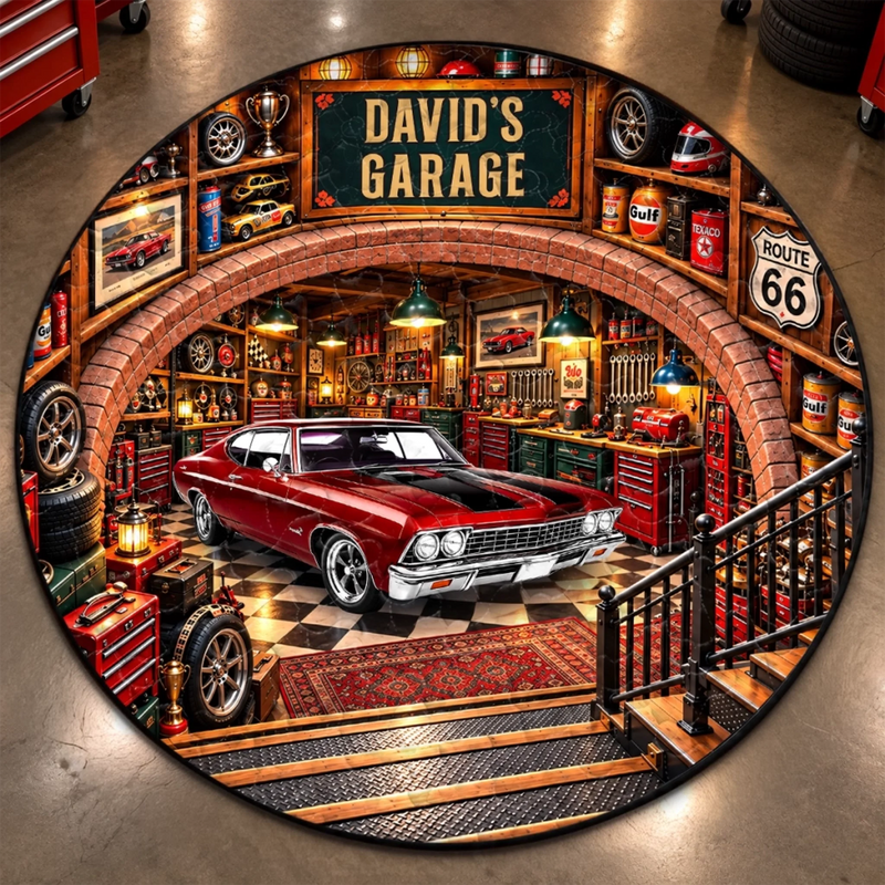 Custom Photo Classic Car Garage Decor - Personalized Quilted Round Mat