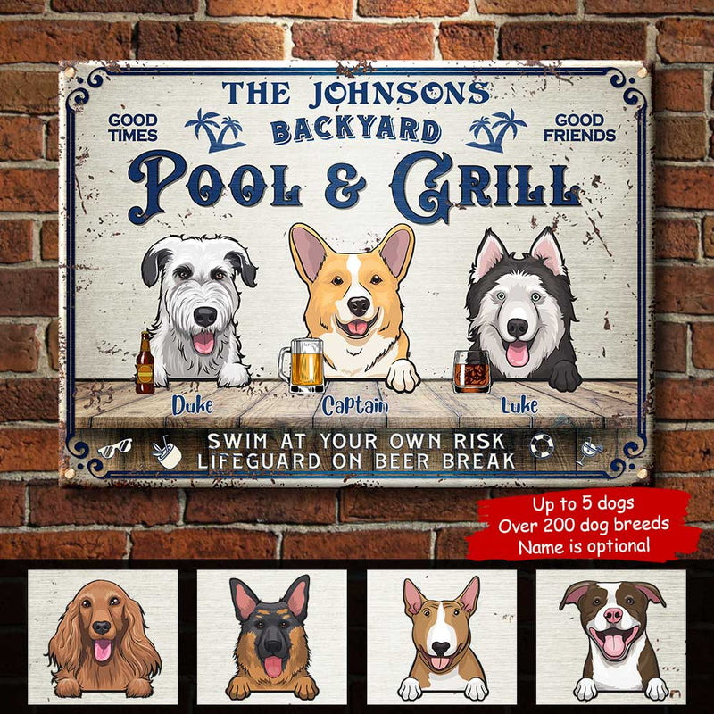 Custom Dog Pool & Grill Backyard Decor - Personalized Metal Sign