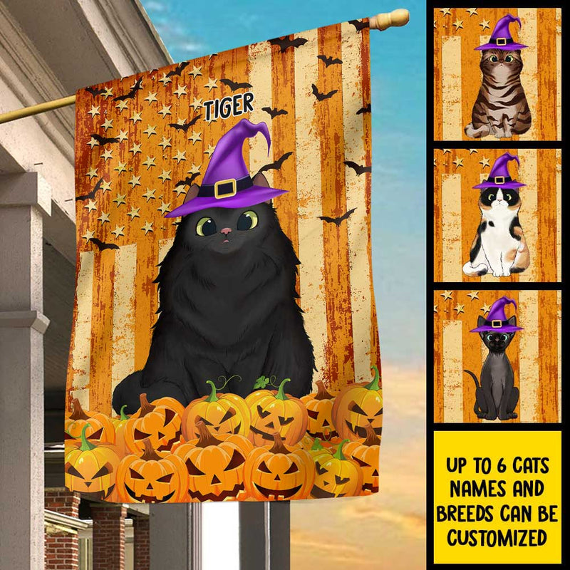 Custom Name Halloween Witch Cat Decor - Personalized Flag