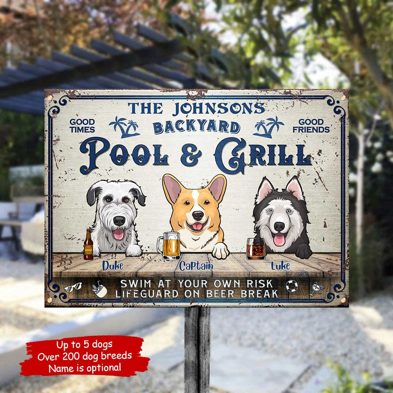 Custom Dog Pool & Grill Backyard Decor - Personalized Metal Sign