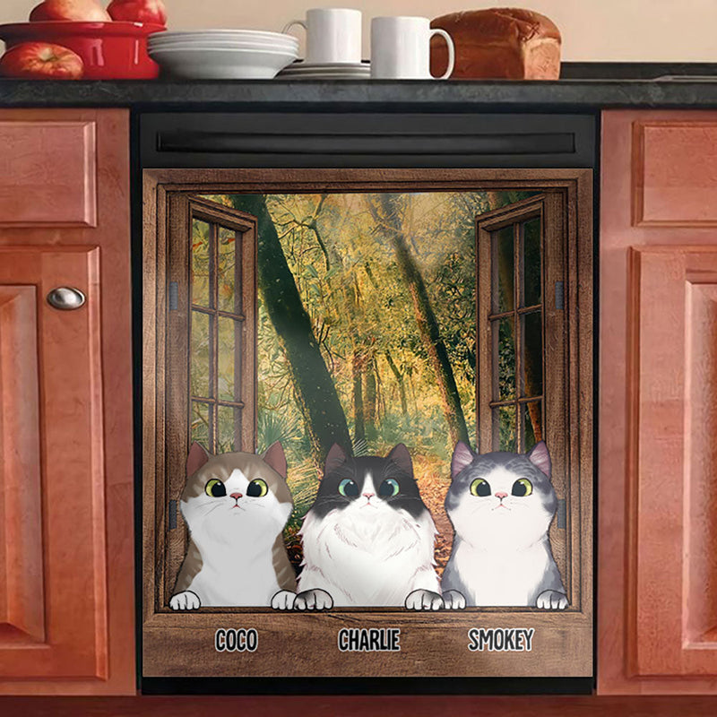 Custom Name Cat Window Scene Kitchen Decor - Personalized Dishwasher Cover